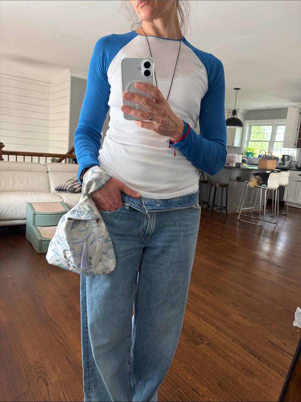 Zara White Body with Blue Raglan Long-Sleeve Tee